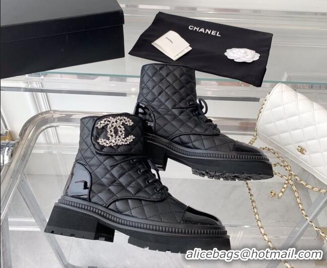 Discount Chanel Quilted Calfskin Ankle Boots with Crystal CC Black 092130