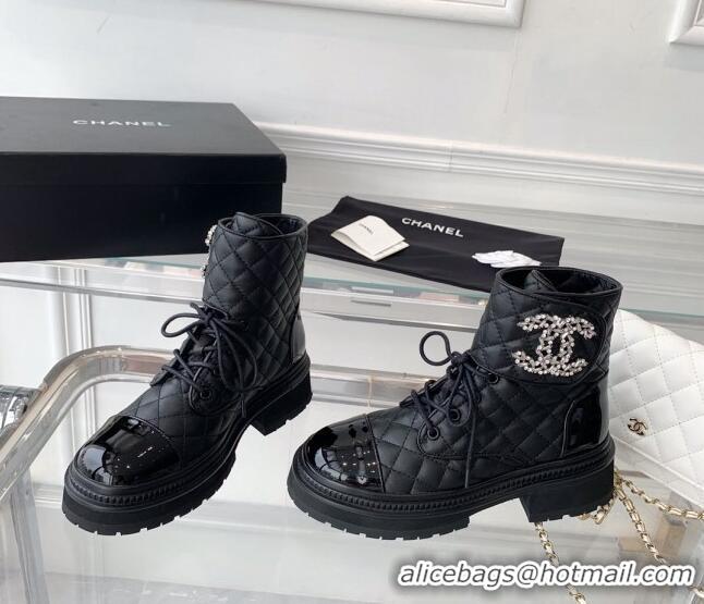 Discount Chanel Quilted Calfskin Ankle Boots with Crystal CC Black 092130