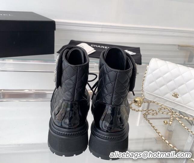 Discount Chanel Quilted Calfskin Ankle Boots with Crystal CC Black 092130