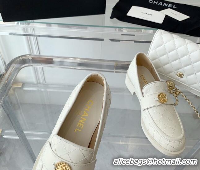 Stylish Chanel Quilted Calfskin Loafers with Coin Charm White 092131