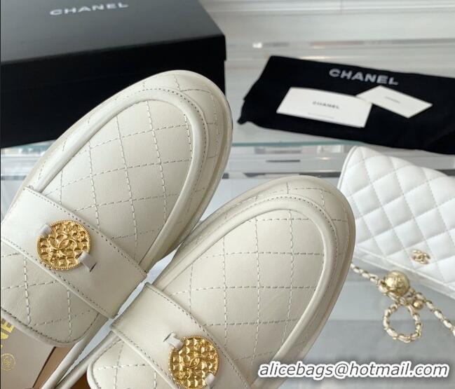 Stylish Chanel Quilted Calfskin Loafers with Coin Charm White 092131