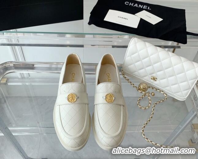 Stylish Chanel Quilted Calfskin Loafers with Coin Charm White 092131