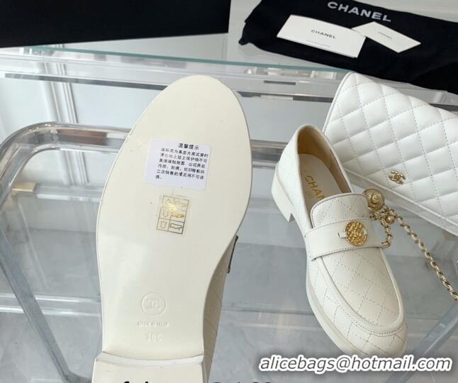 Stylish Chanel Quilted Calfskin Loafers with Coin Charm White 092131