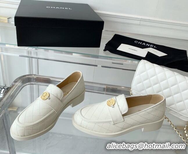 Stylish Chanel Quilted Calfskin Loafers with Coin Charm White 092131