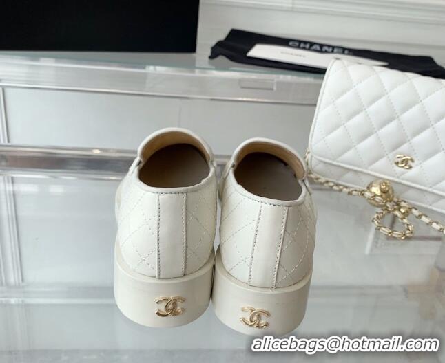 Stylish Chanel Quilted Calfskin Loafers with Coin Charm White 092131