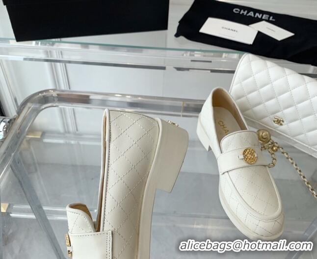 Stylish Chanel Quilted Calfskin Loafers with Coin Charm White 092131