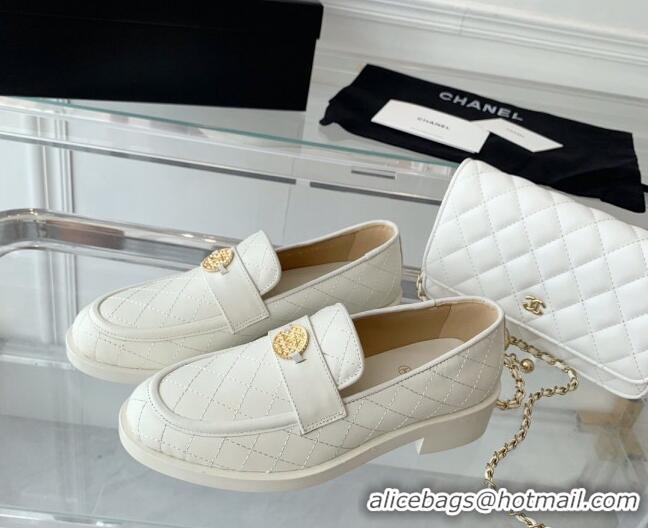 Stylish Chanel Quilted Calfskin Loafers with Coin Charm White 092131