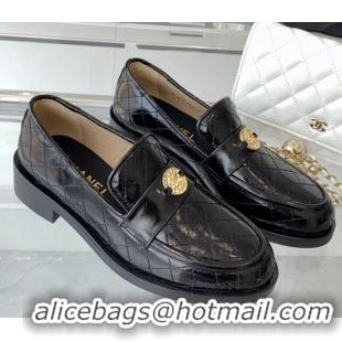 Discount Chanel Quilted Calfskin Loafers with Coin Charm Black 092132