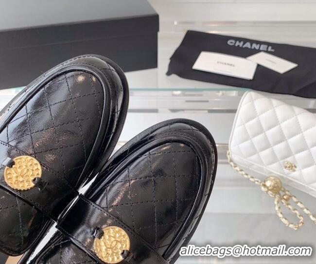 Discount Chanel Quilted Calfskin Loafers with Coin Charm Black 092132