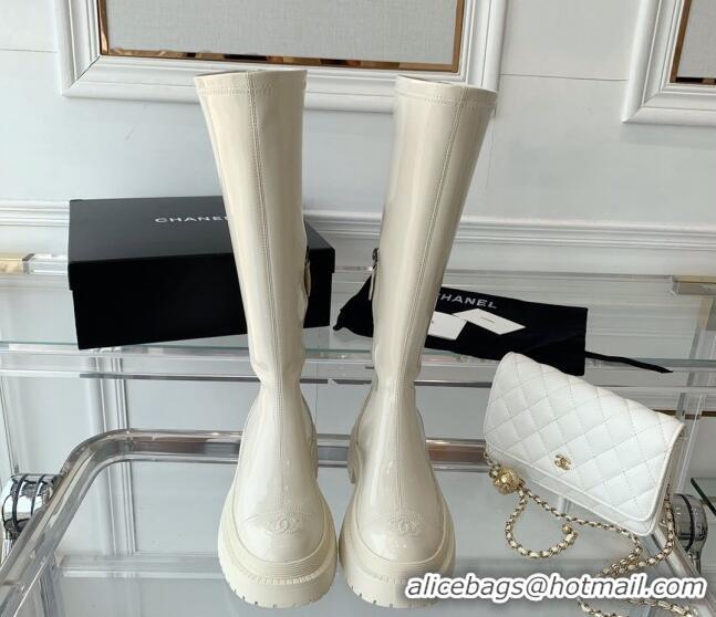 Trendy Design Chanel Patent Leather High Boots White 092133