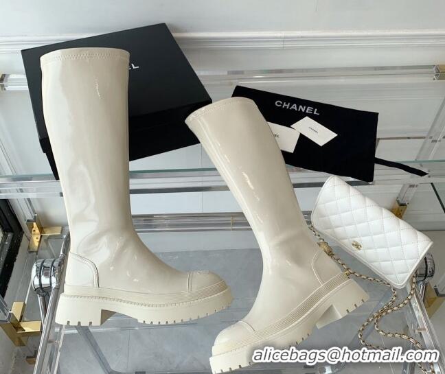 Trendy Design Chanel Patent Leather High Boots White 092133