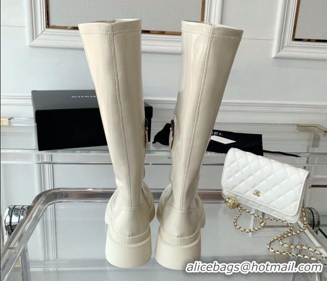 Trendy Design Chanel Patent Leather High Boots White 092133