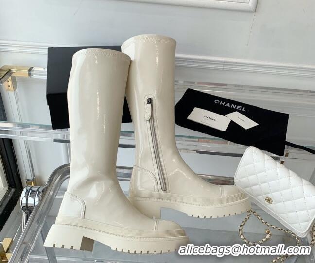 Trendy Design Chanel Patent Leather High Boots White 092133