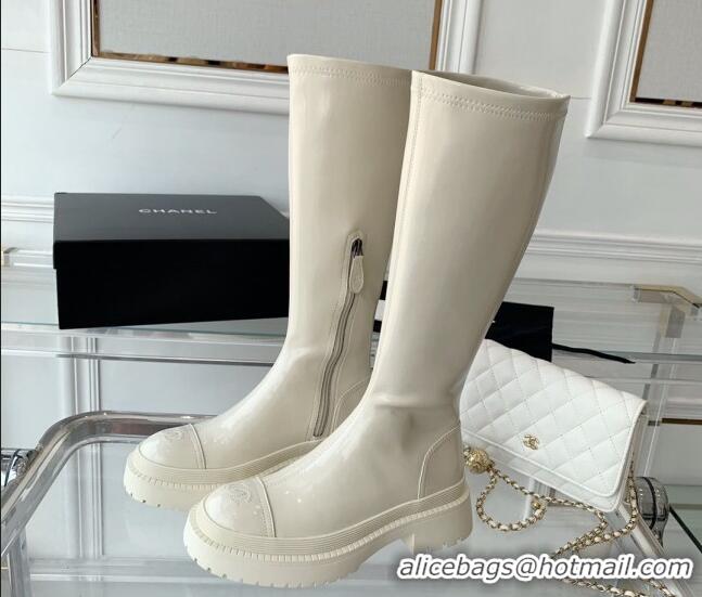 Trendy Design Chanel Patent Leather High Boots White 092133