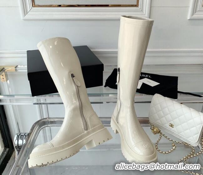 Trendy Design Chanel Patent Leather High Boots White 092133