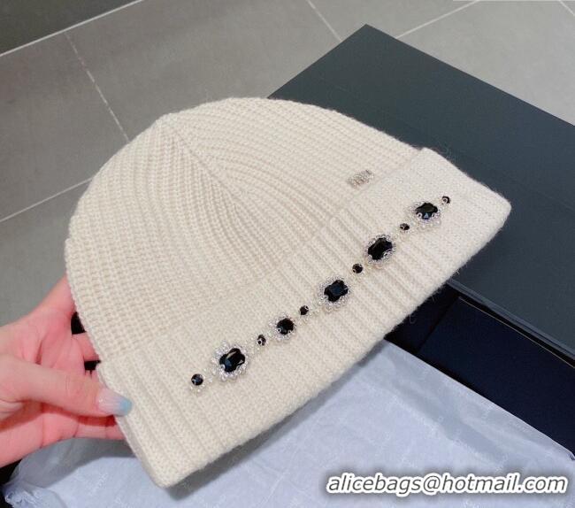 Good Quality Miu Miu Knit Hat with Pearl and Stone Charm M22620 White 2022