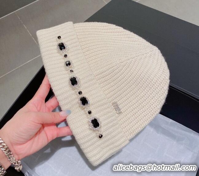 Good Quality Miu Miu Knit Hat with Pearl and Stone Charm M22620 White 2022