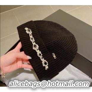 Good Product Miu Miu Knit Hat with Pearl and Stone Charm M22620 Black 2022