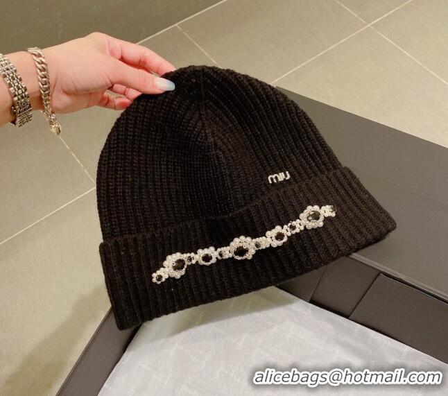 Good Product Miu Miu Knit Hat with Pearl and Stone Charm M22620 Black 2022