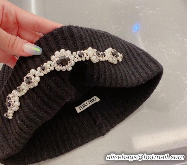 Good Product Miu Miu Knit Hat with Pearl and Stone Charm M22620 Black 2022