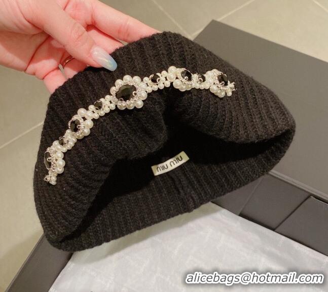 Good Product Miu Miu Knit Hat with Pearl and Stone Charm M22620 Black 2022