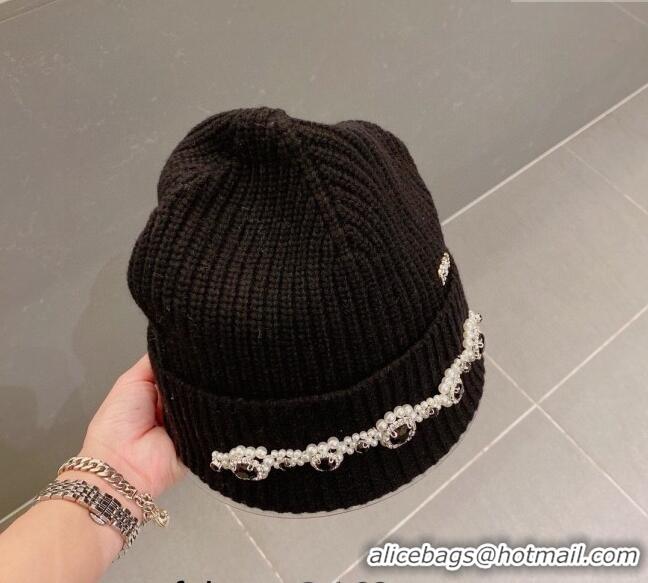 Good Product Miu Miu Knit Hat with Pearl and Stone Charm M22620 Black 2022