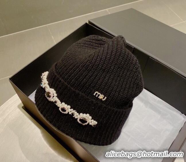 Good Product Miu Miu Knit Hat with Pearl and Stone Charm M22620 Black 2022