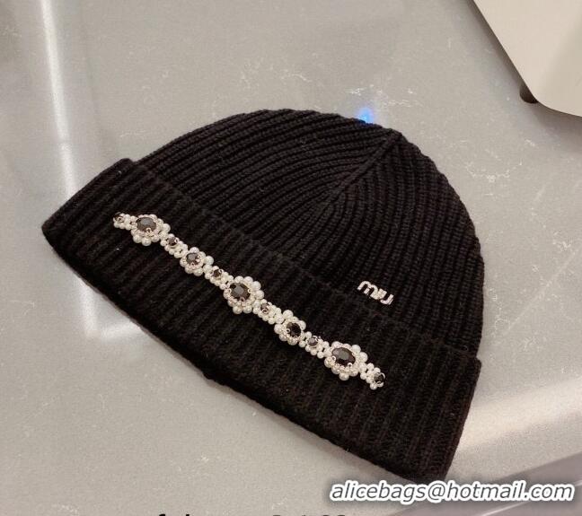 Good Product Miu Miu Knit Hat with Pearl and Stone Charm M22620 Black 2022