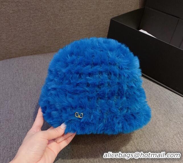 Top Quality Valentino Rabbit Fur Bucket Hat V12268 Blue 2022