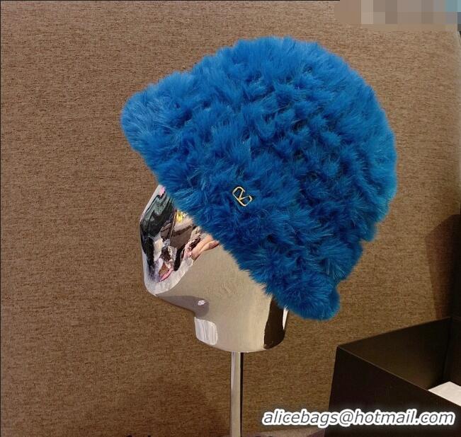 Top Quality Valentino Rabbit Fur Bucket Hat V12268 Blue 2022