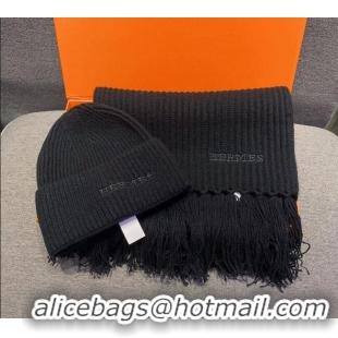 Best Price Hermes Knit Cashmere Scarf and Hat 40x220cm Set H12270 Black 2022