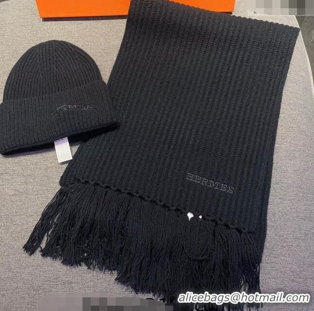 Best Price Hermes Knit Cashmere Scarf and Hat 40x220cm Set H12270 Black 2022