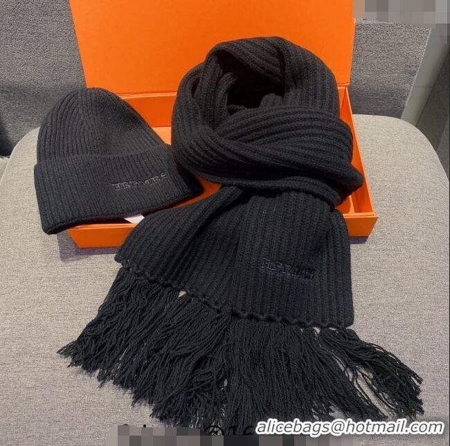 Best Price Hermes Knit Cashmere Scarf and Hat 40x220cm Set H12270 Black 2022