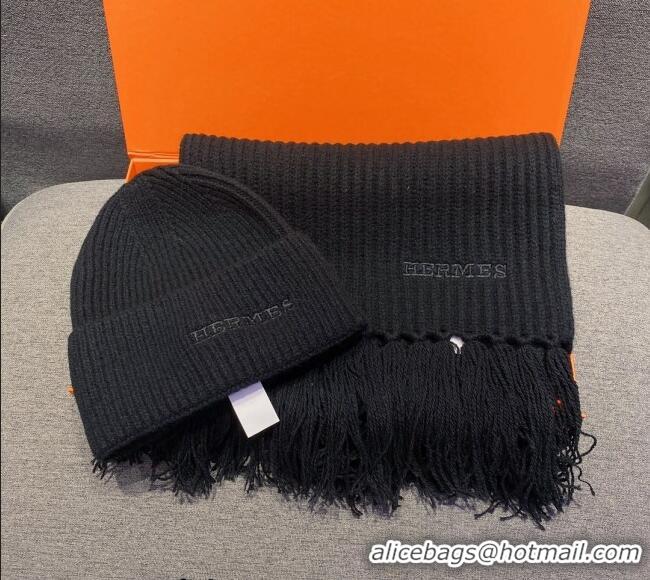 Best Price Hermes Knit Cashmere Scarf and Hat 40x220cm Set H12270 Black 2022