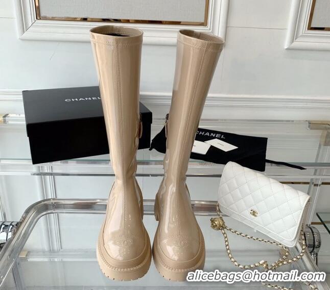 Hot Style Chanel Patent Leather High Boots Beige 092134