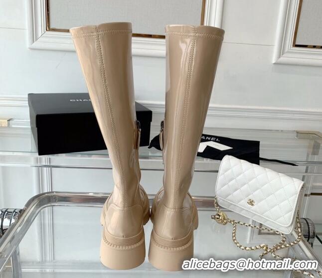 Hot Style Chanel Patent Leather High Boots Beige 092134