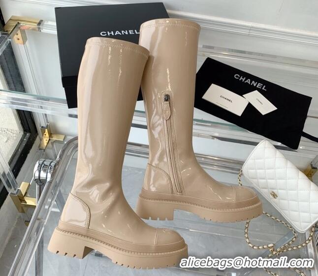 Hot Style Chanel Patent Leather High Boots Beige 092134