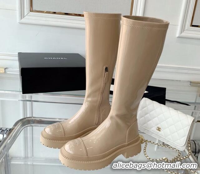 Hot Style Chanel Patent Leather High Boots Beige 092134