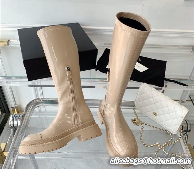 Hot Style Chanel Patent Leather High Boots Beige 092134