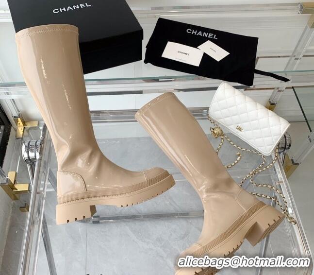 Hot Style Chanel Patent Leather High Boots Beige 092134