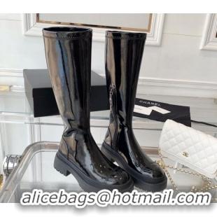 Fashion Chanel Patent Leather High Boots Black 092135