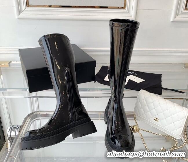 Fashion Chanel Patent Leather High Boots Black 092135