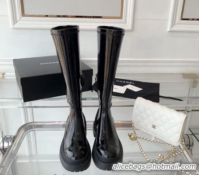 Fashion Chanel Patent Leather High Boots Black 092135