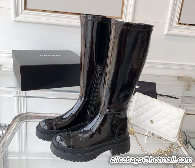 Fashion Chanel Patent Leather High Boots Black 092135