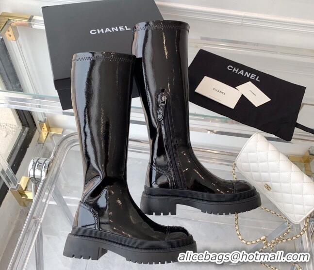 Fashion Chanel Patent Leather High Boots Black 092135