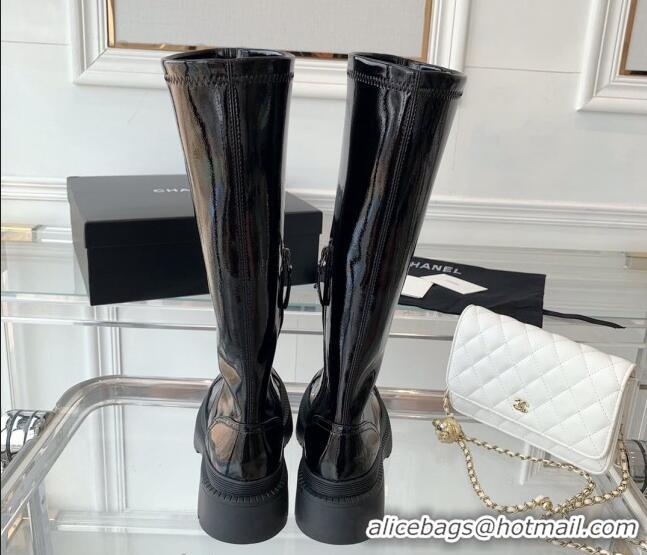 Fashion Chanel Patent Leather High Boots Black 092135