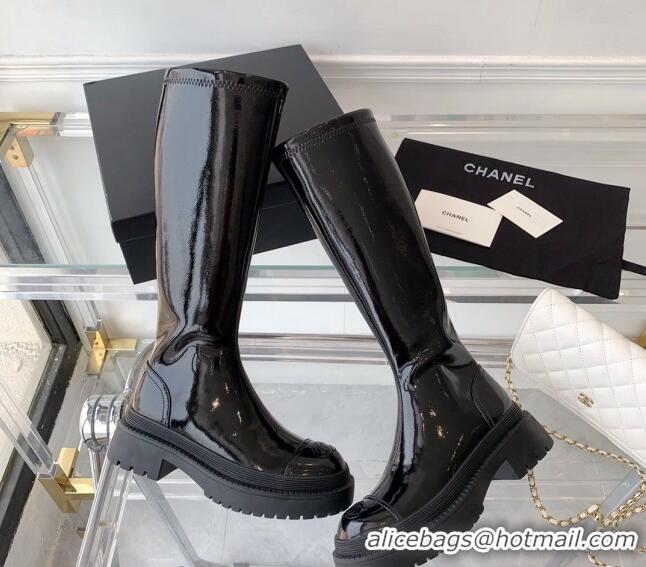 Fashion Chanel Patent Leather High Boots Black 092135