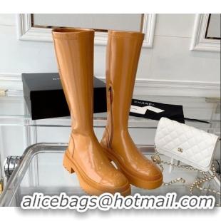 Luxury Chanel Patent Leather High Boots Brown 092136