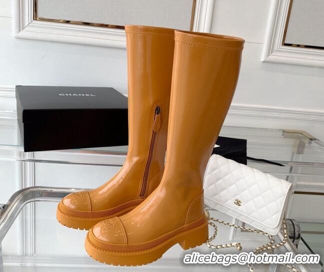 Luxury Chanel Patent Leather High Boots Brown 092136