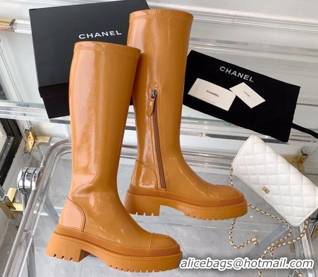 Luxury Chanel Patent Leather High Boots Brown 092136